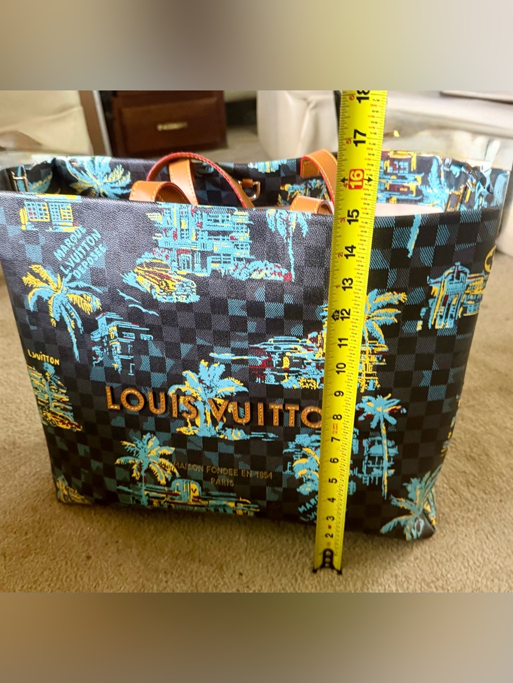 LV Black, Blue & Yellow Printed Canvas GM Shopper Tote with Tan Handles - Picture 4 of 10